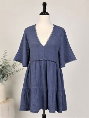 Stark X Dress Womens Blue Cotton Gauze V Neck Raw Hem Tiered Boho Mini Dress S